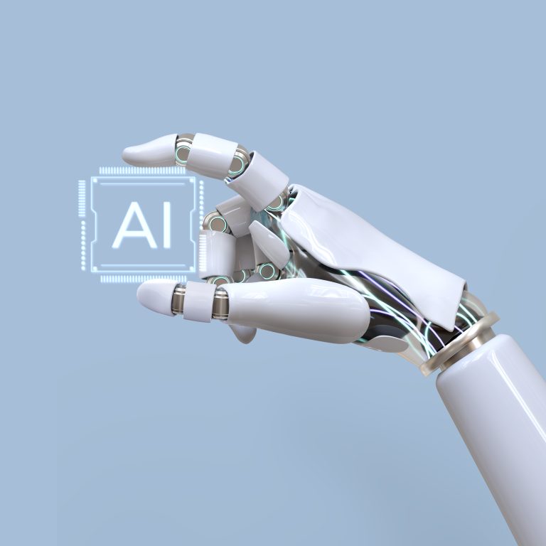 IA tenue par une main de robot qui gère la production de contenu de la LLM